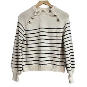 Sezane Loelie Jumper Ecru Navy Stripe Cotton Knit Sweater Silver Buttons XS